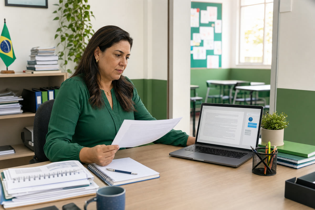 Gestora escolar revisando no computador um texto apoiado por inteligência artificial