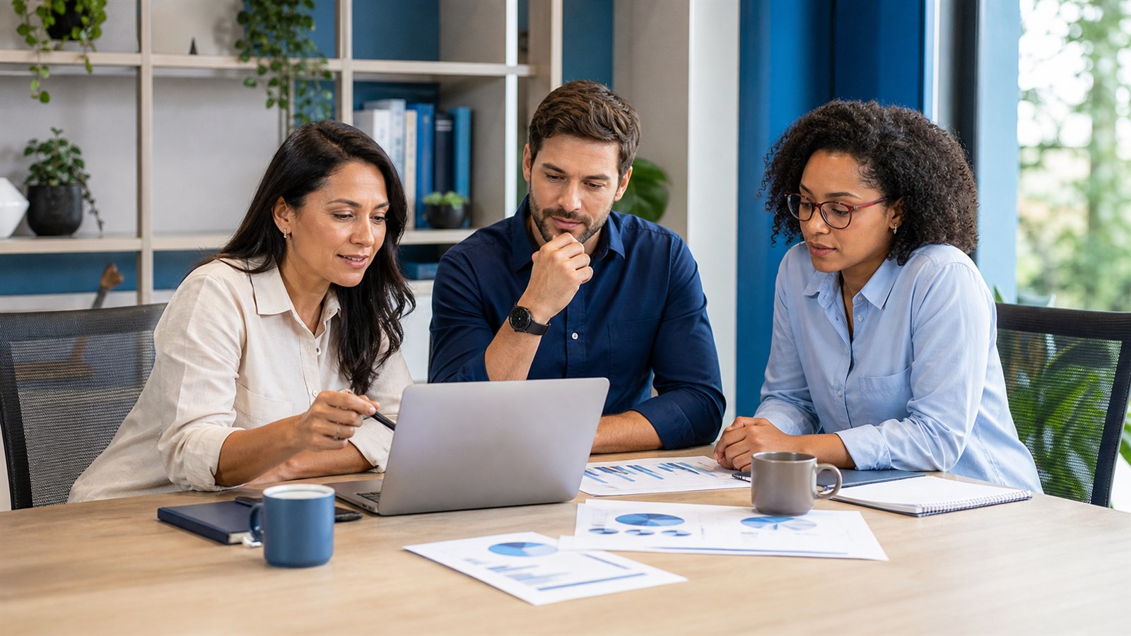 Equipe comercial escolar analisando metas em uma reunião