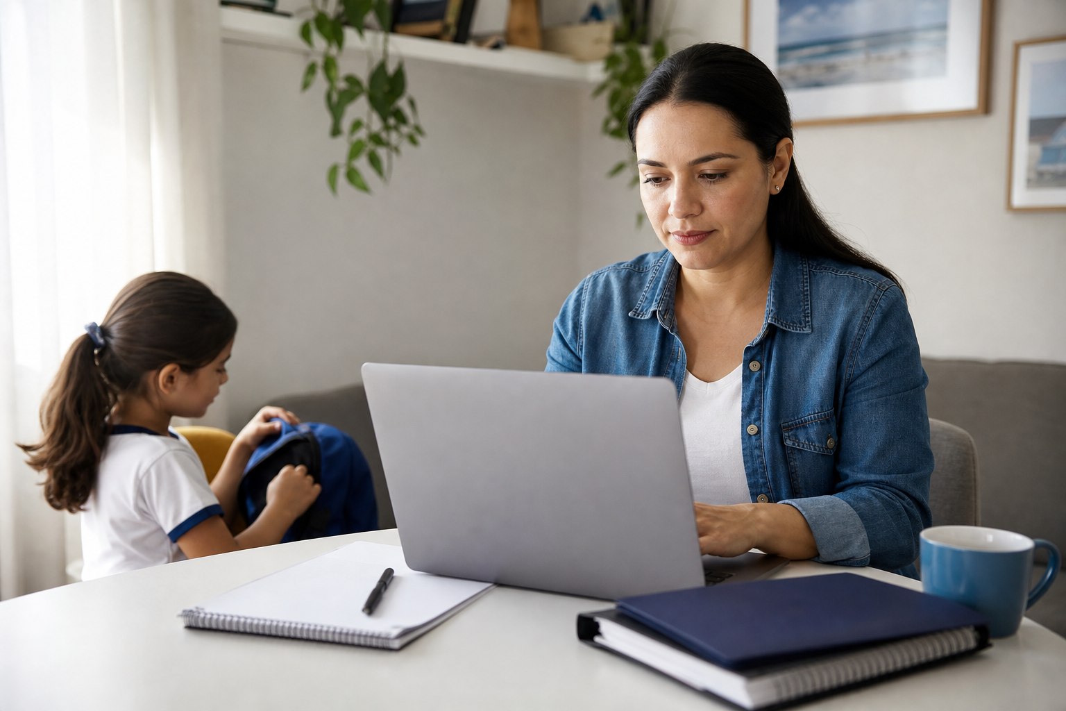 Responsável preenchendo a pré-matrícula escolar em um notebook com a criança ao lado